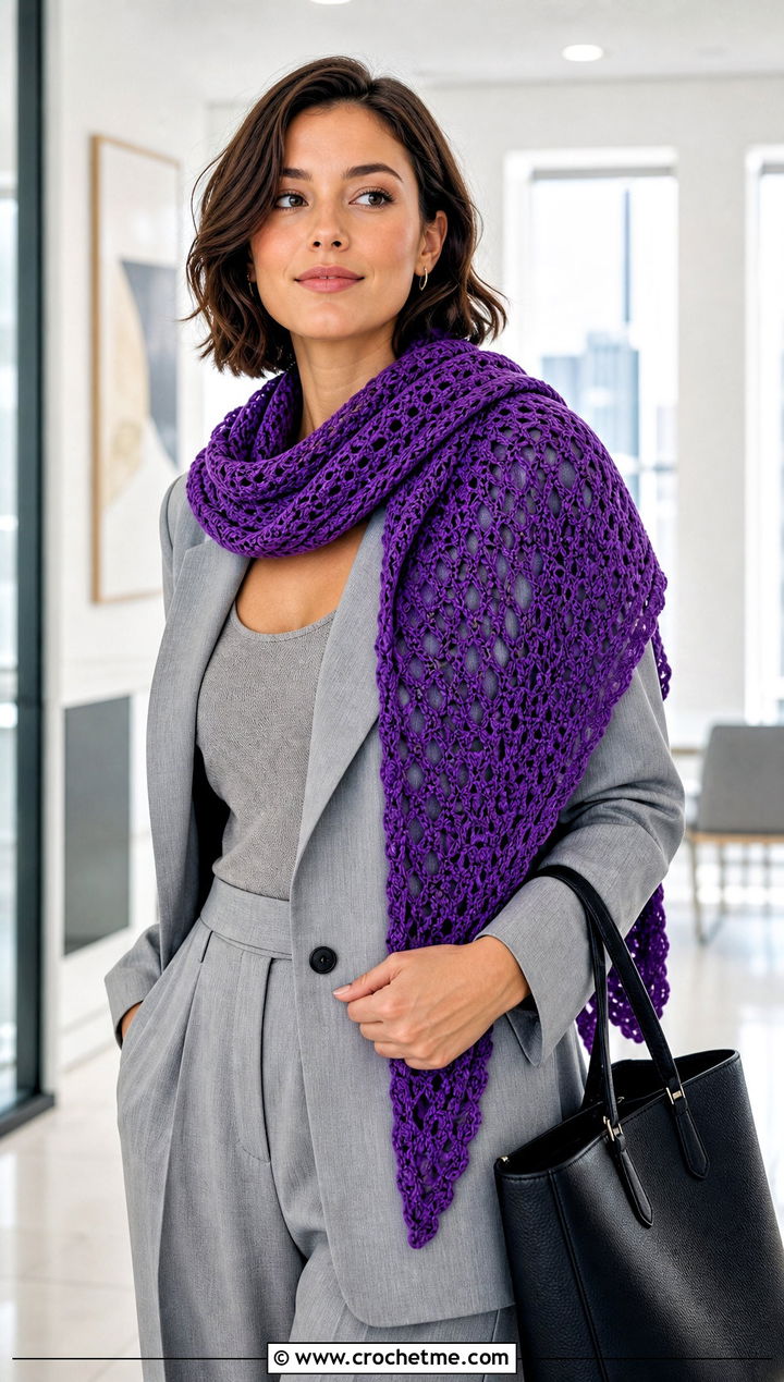 Triangle Crochet Mantle Scarf With Blazer And Wide Leg Pants - 20 Crochet Mantle Scarf outfit ideas