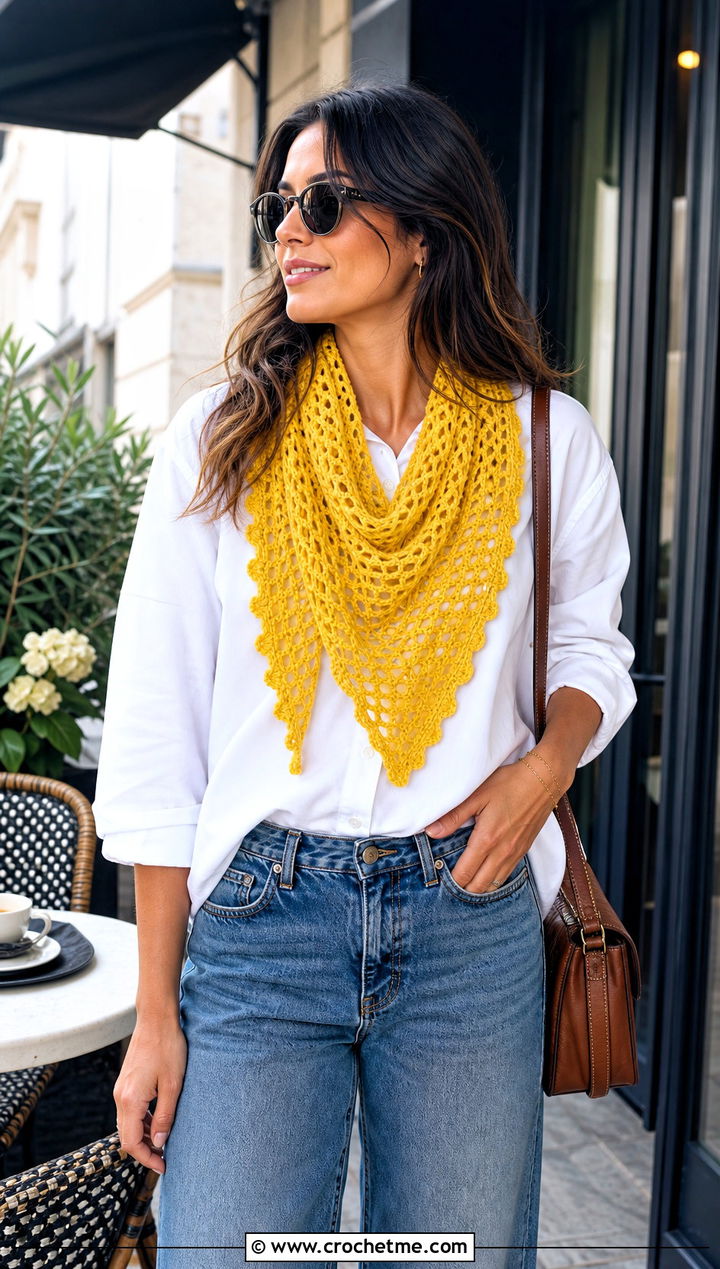 Triangle Crochet Mesh Scarf With White Shirt And Jeans - 25 Crochet Mesh Scarf outfit ideas