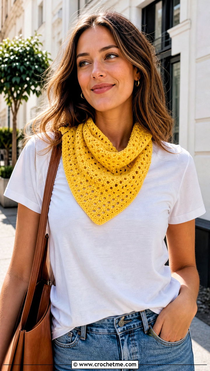 Triangle Crochet Mini Scarf With White Tee And Jeans - 30 mini crochet scarf outfit ideas