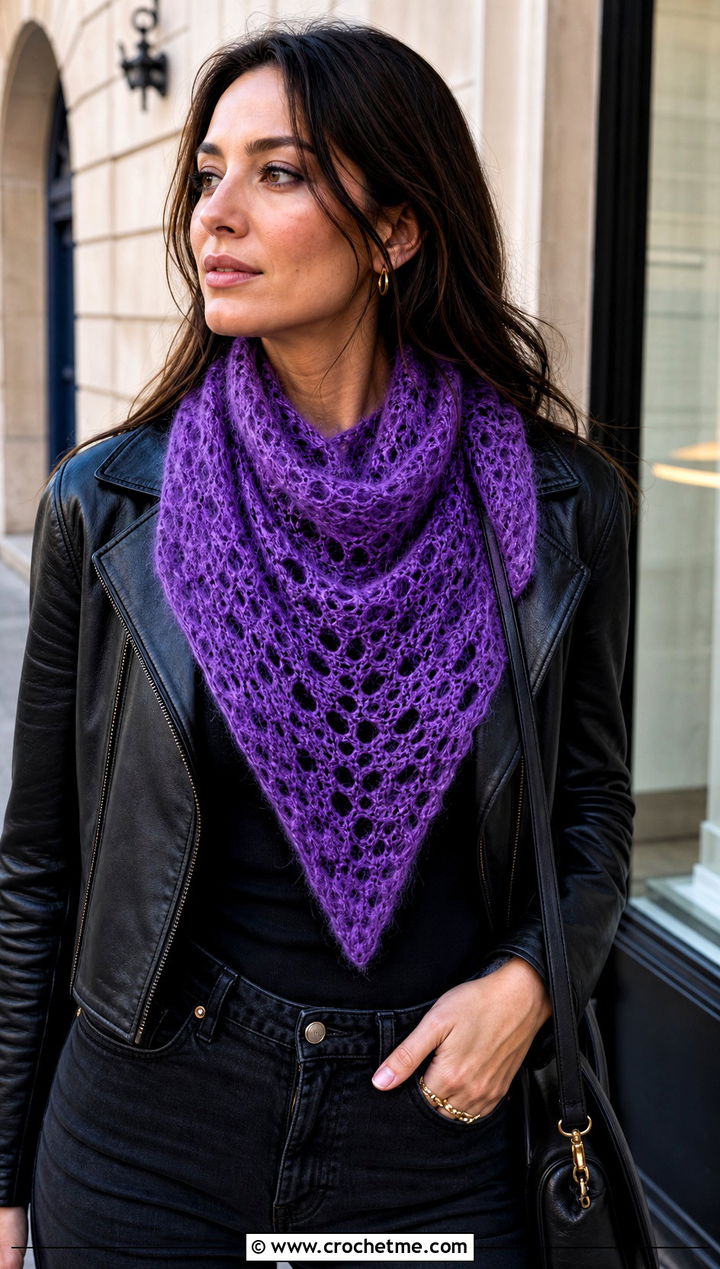 Triangle Crochet Mohair Scarf With Leather Jacket - 30 crochet mohair scarf outfit ideas