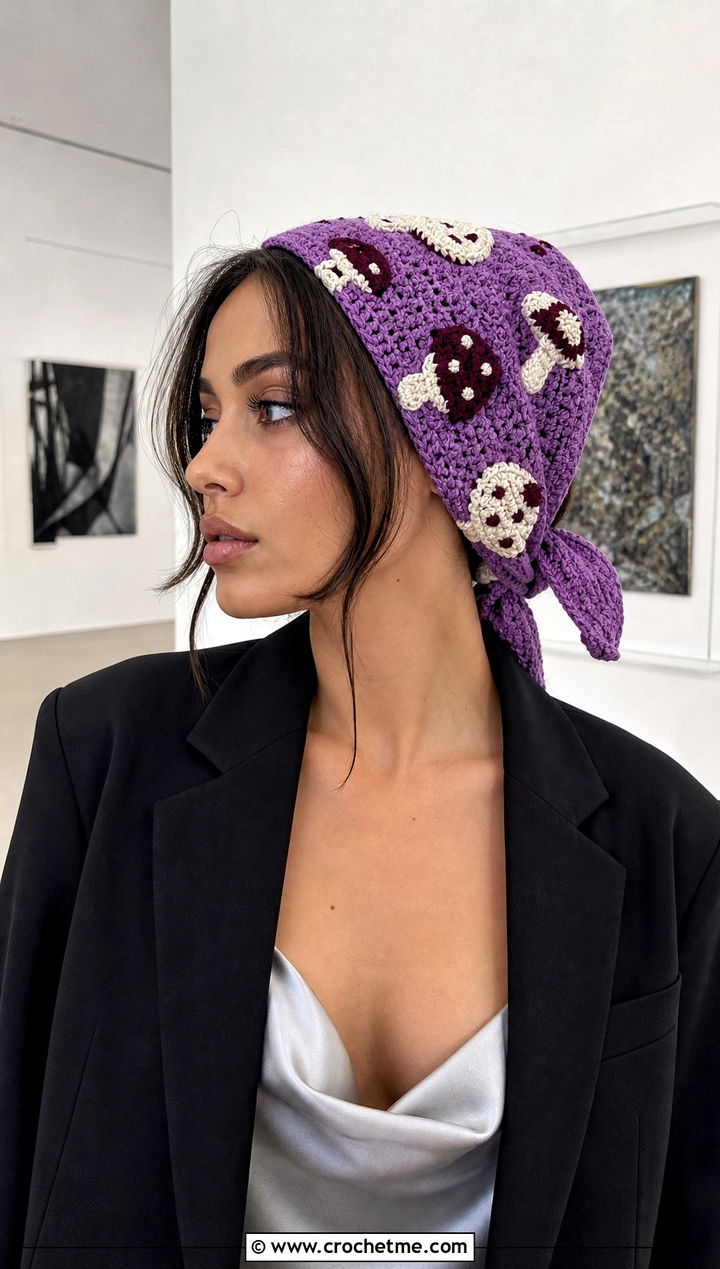 Triangle Crochet Mushroom Kerchief With Slip Dress - 15 Crochet Mushroom Head Scarf outfit ideas