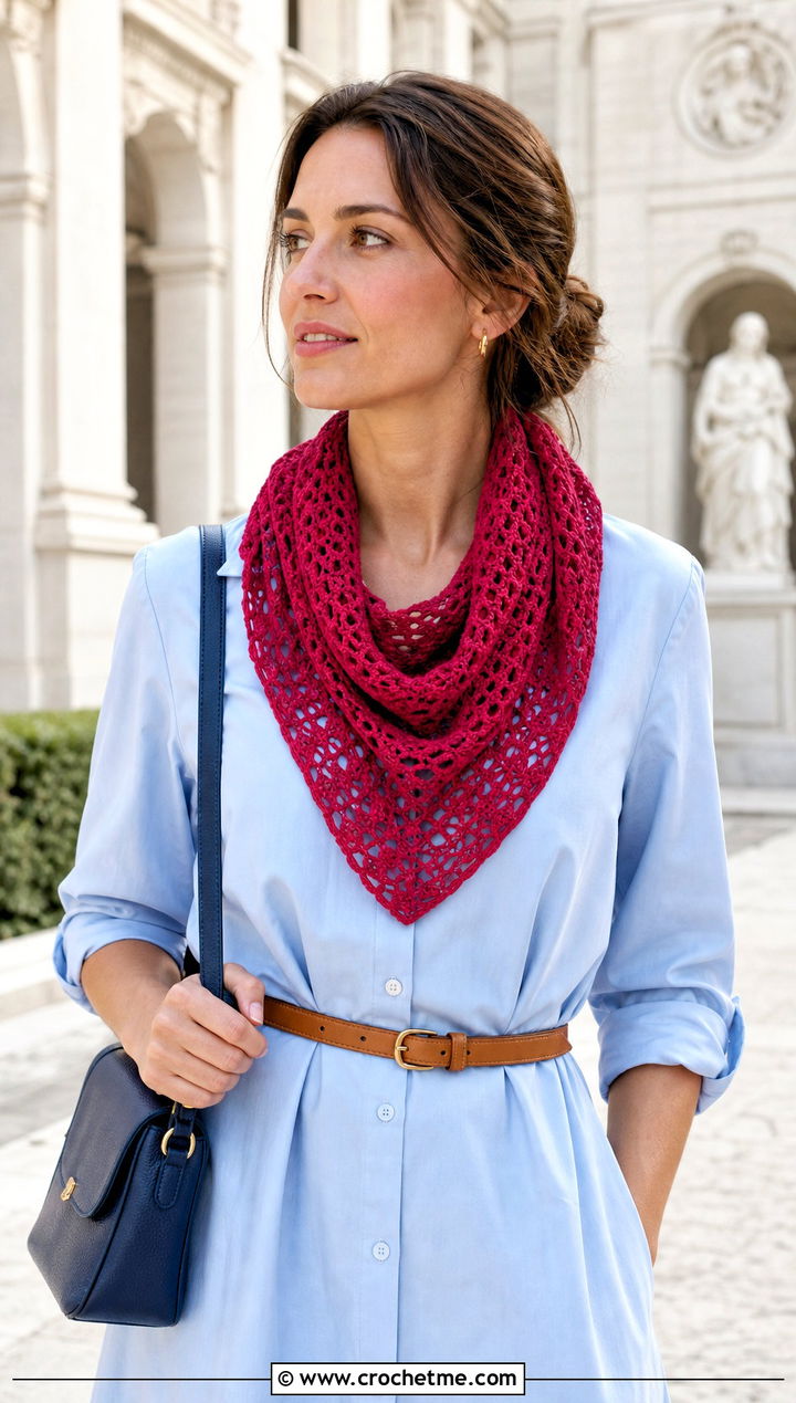 Triangle Crochet Neck Scarf With Shirt Dress - 25 Small Crochet Projects Clothes and outfit ideas