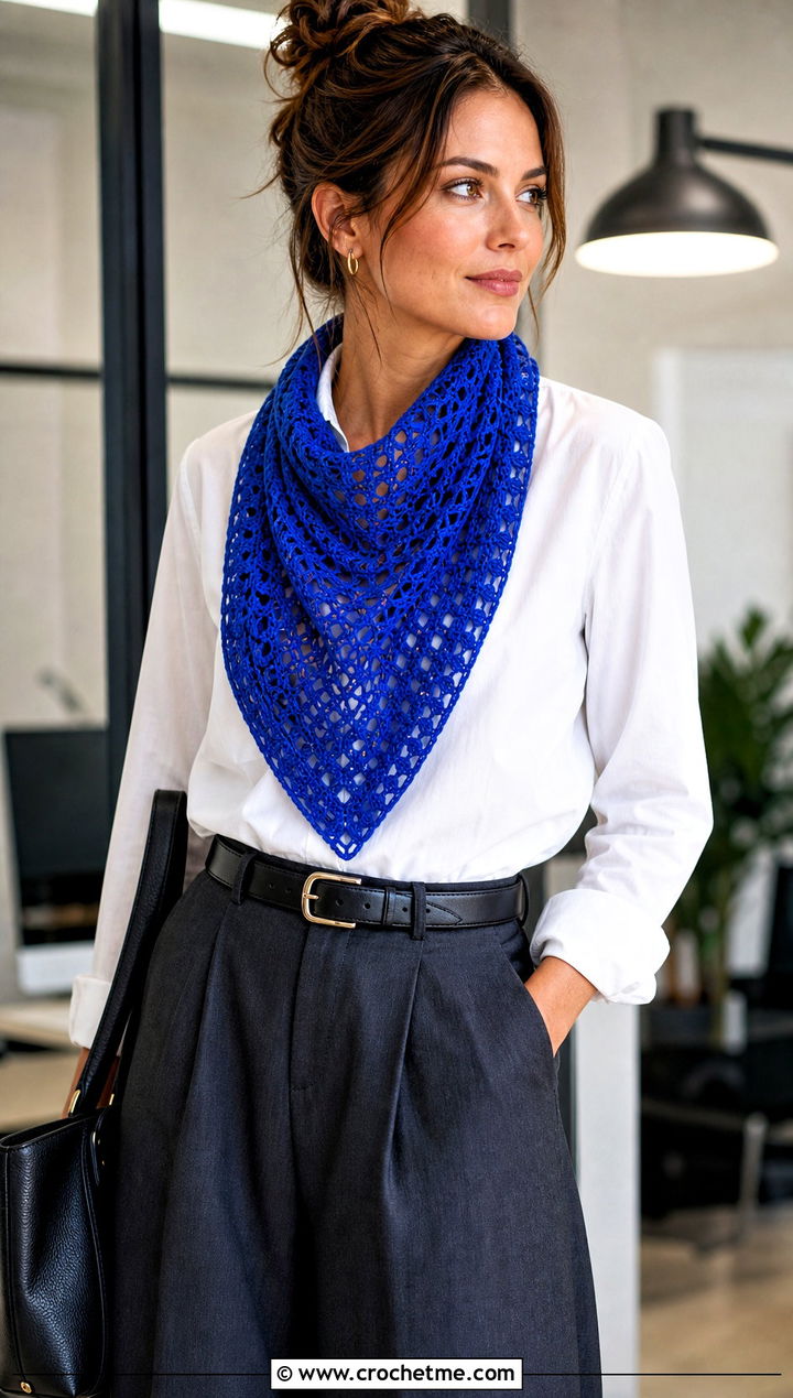 Triangle Crochet Neckerchief With White Shirt And Trousers - 25 Tiny Crochet Scarf outfit ideas