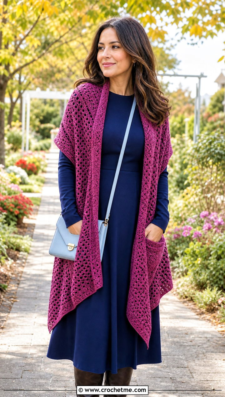 Triangle Crochet Pocket Shawl With Midi Dress - 15 Crochet Scarf With Hand Pockets outfit ideas
