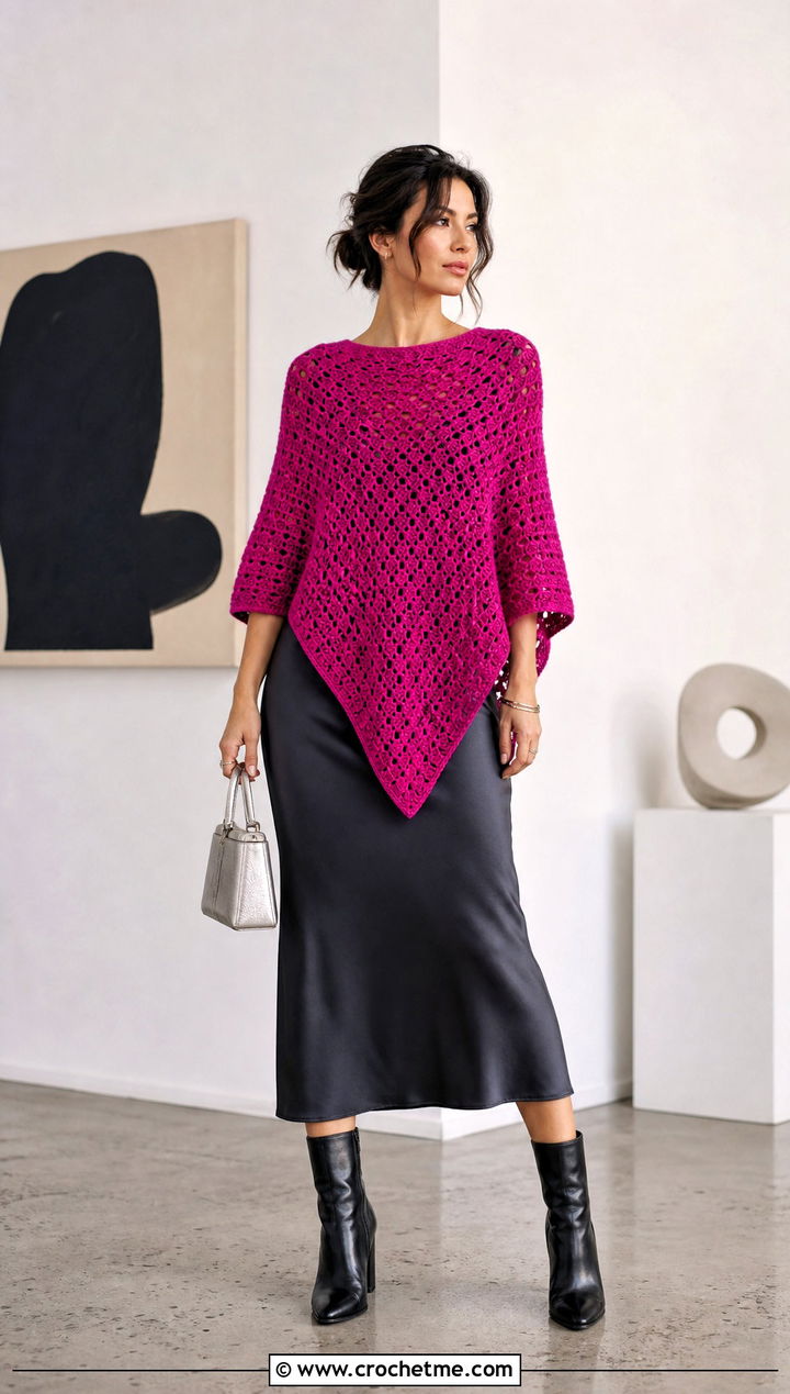 Triangle Crochet Poncho Shawl With Slip Dress - 20 crochet poncho shawl outfit ideas