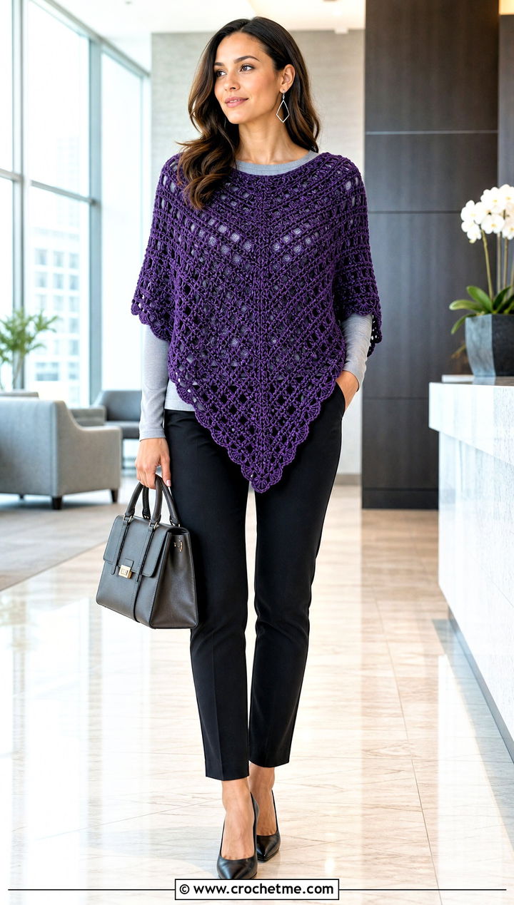 Triangle Crochet Poncho Sweater With Cigarette Pants - 35 crochet poncho sweater outfit ideas