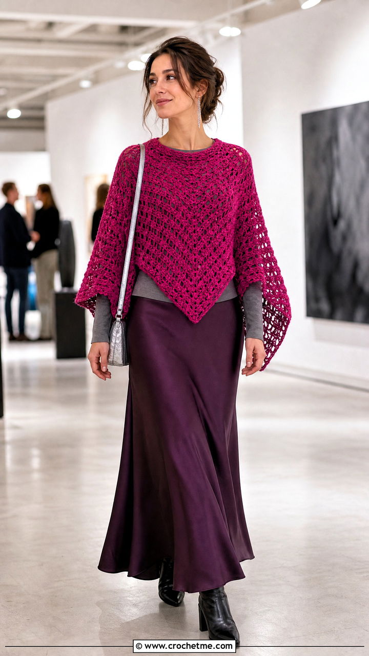 Triangle Crochet Poncho With Maxi Skirt - 35 crochet ponchos outfit ideas