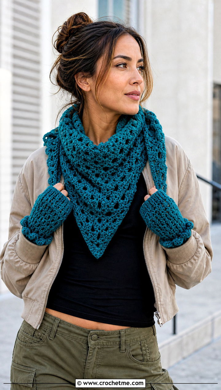 Triangle Crochet Scarf And Scrunchie Mittens With Bomber Jacket - 15 Crochet Scarf And Mittens Set outfit ideas