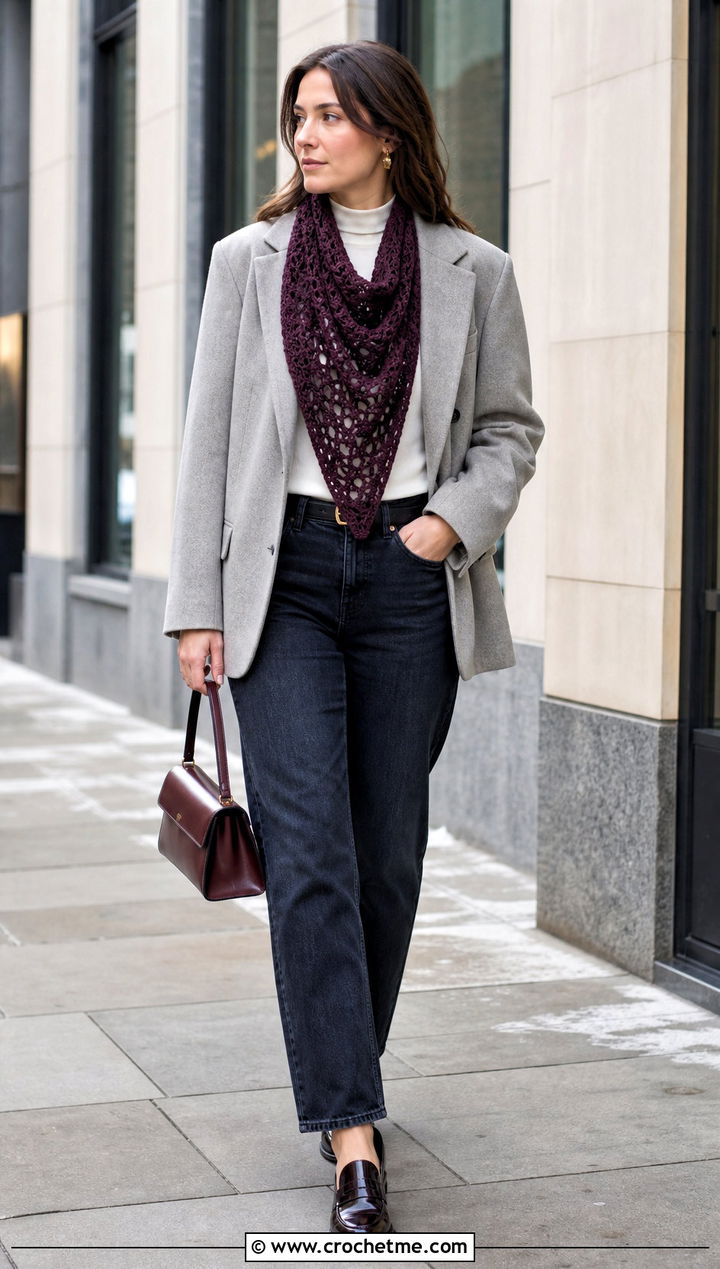 Triangle Crochet Scarf With Blazer And Jeans - 35 Winter Crochet Scarfs For Women outfit ideas