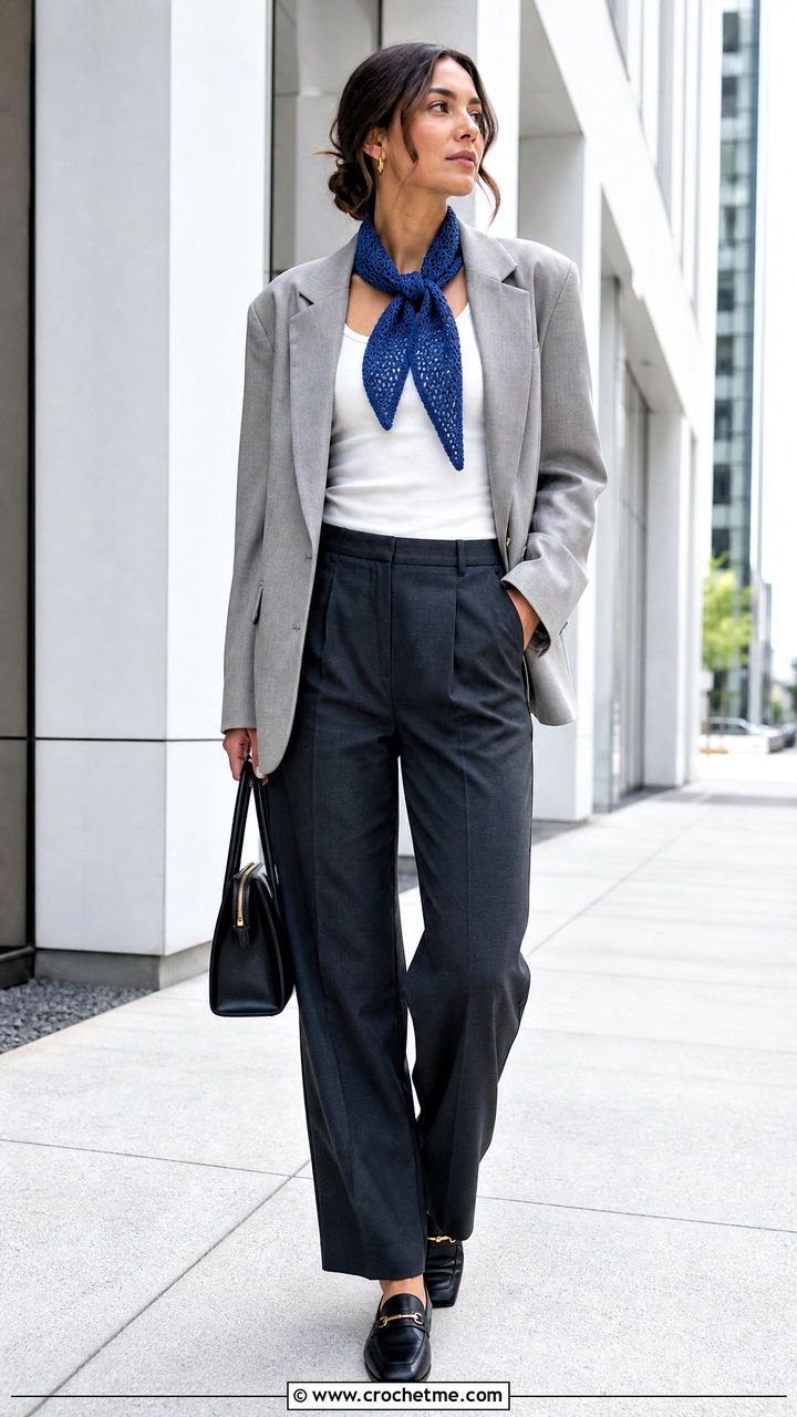 Triangle Crochet Scarf With Blazer And Trousers - 35 simple crochet scarf outfit ideas