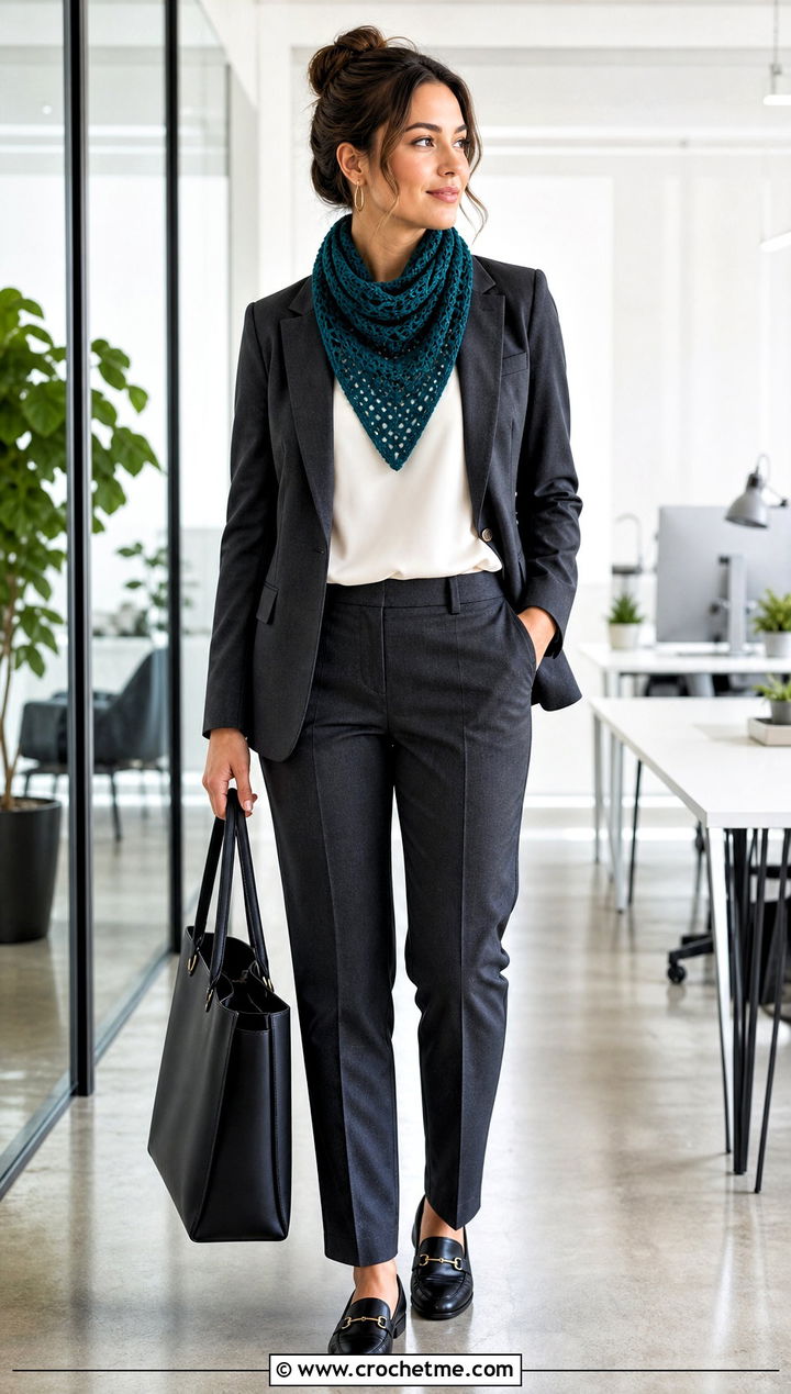 Triangle Crochet Scarf With Blazer And Trousers - 35 crochet scarves outfit ideas