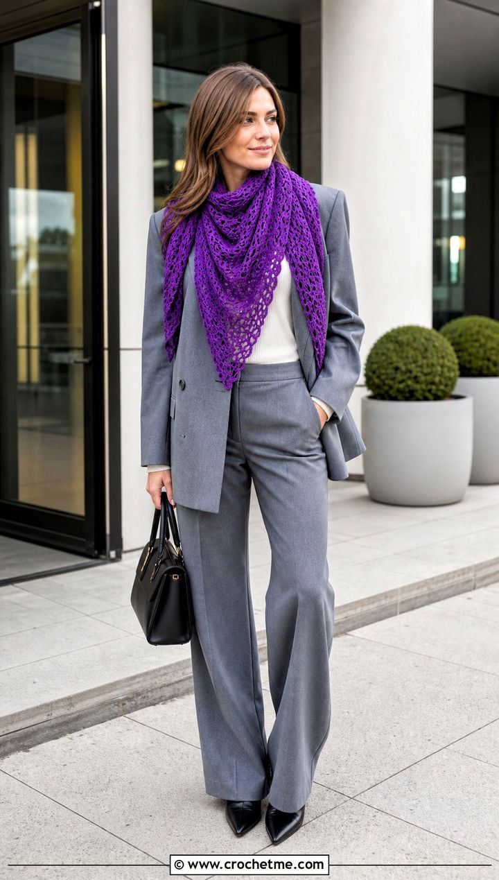 Triangle Crochet Scarf With Blazer and Tailored Trousers - 35 Winter Crochet Scarf outfit ideas