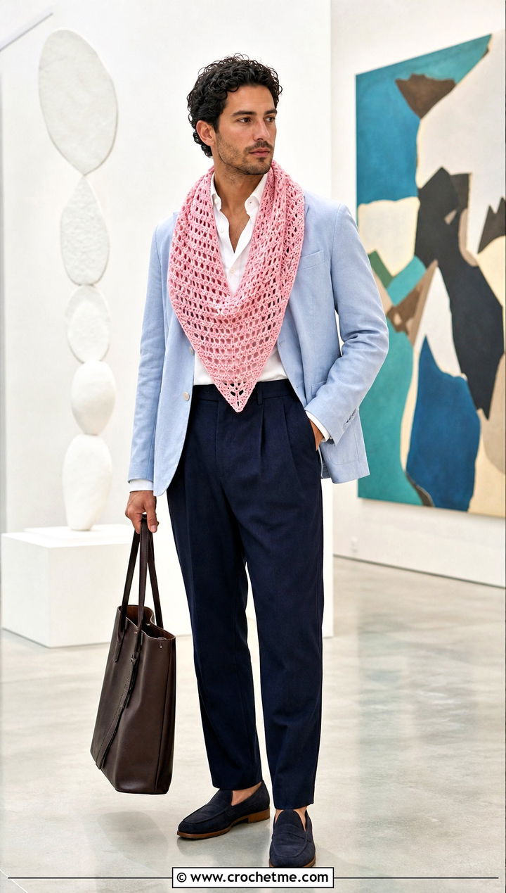 Triangle Crochet Scarf With Blazer - 35 men crochet scarf outfit ideas