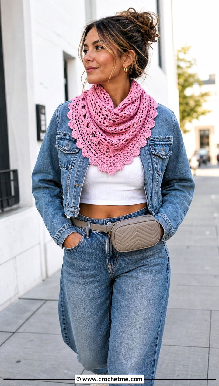 Triangle Crochet Scarf With Denim Jacket And Barrel Jeans - 25 pretty crochet scarf outfit ideas
