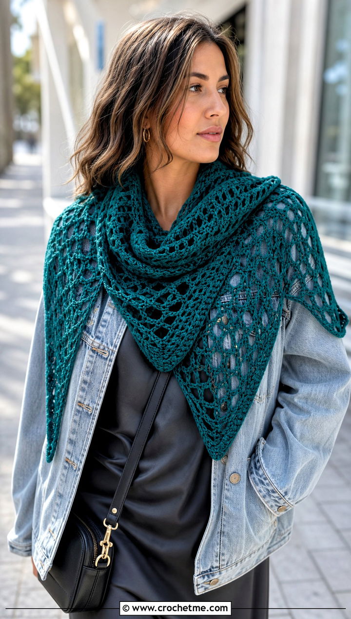 Triangle Crochet Scarf With Denim Jacket And Slip Dress - 25 denim and crochet scarf outfit ideas