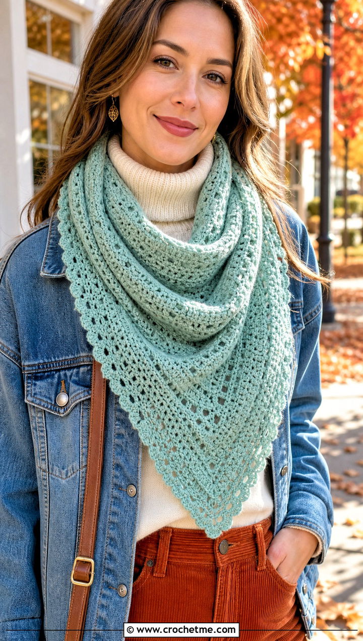 Triangle Crochet Scarf With Denim Jacket - 25 Fall Crochet Outfit Ideas
