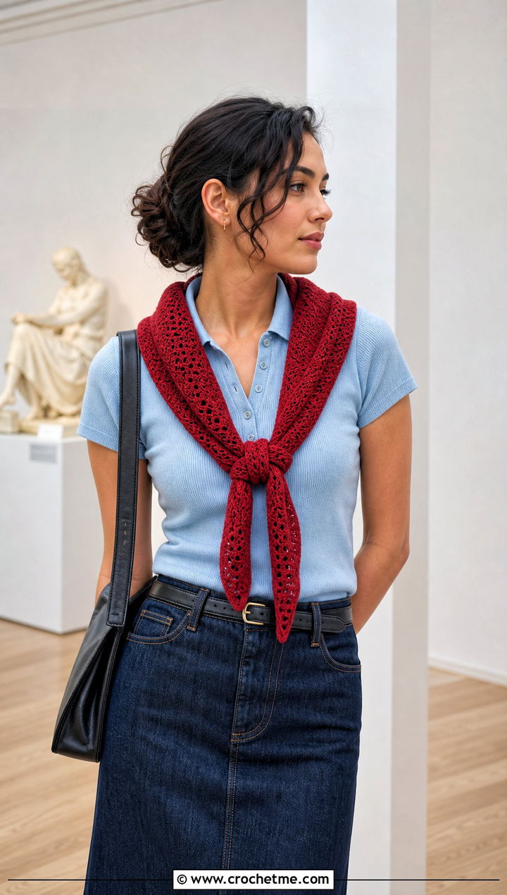 Triangle Crochet Scarf With Knit Polo And Maxi Skirt - 20 Beginner Crochet Projects Scarf outfit ideas