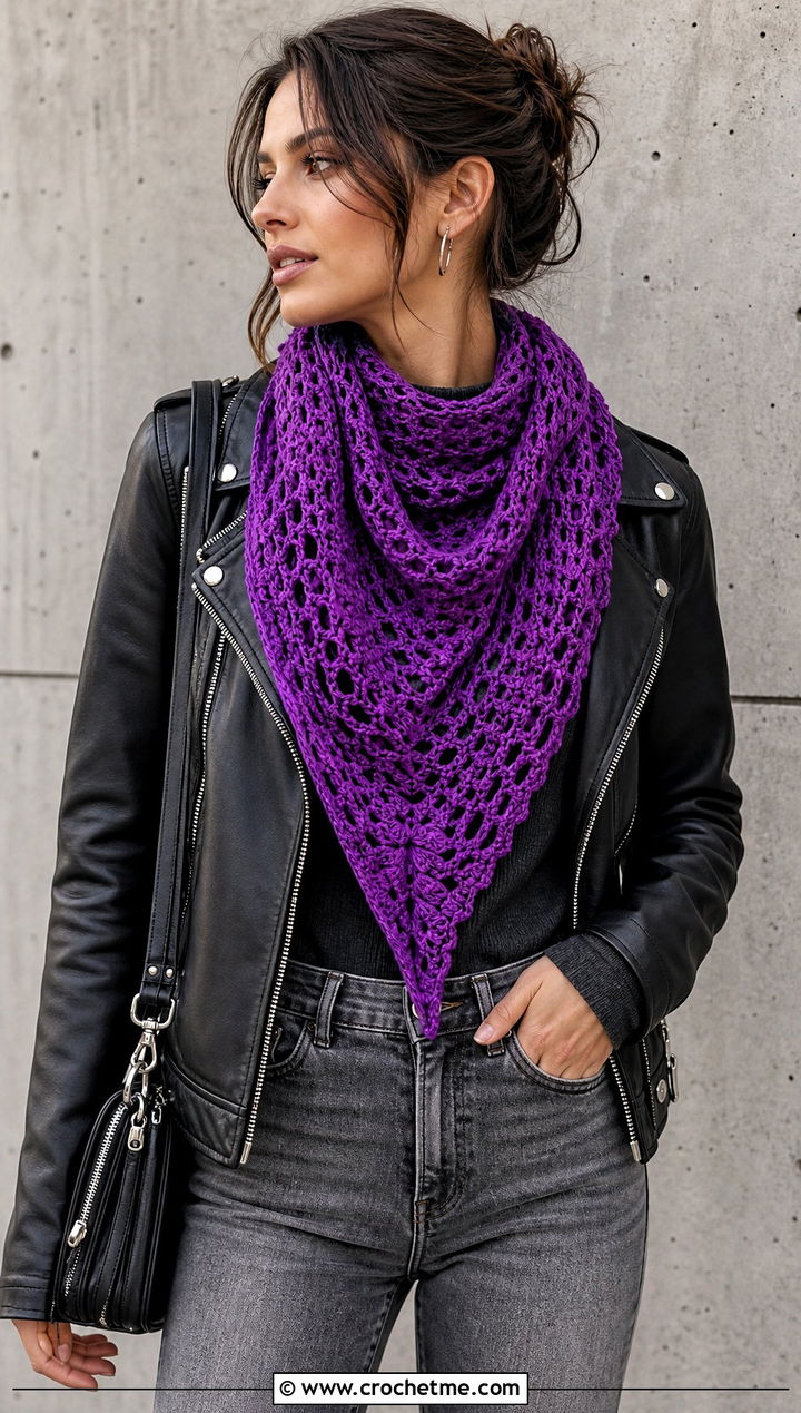 Triangle Crochet Scarf With Leather Jacket - 15 Crochet Unisex Scarf outfit ideas