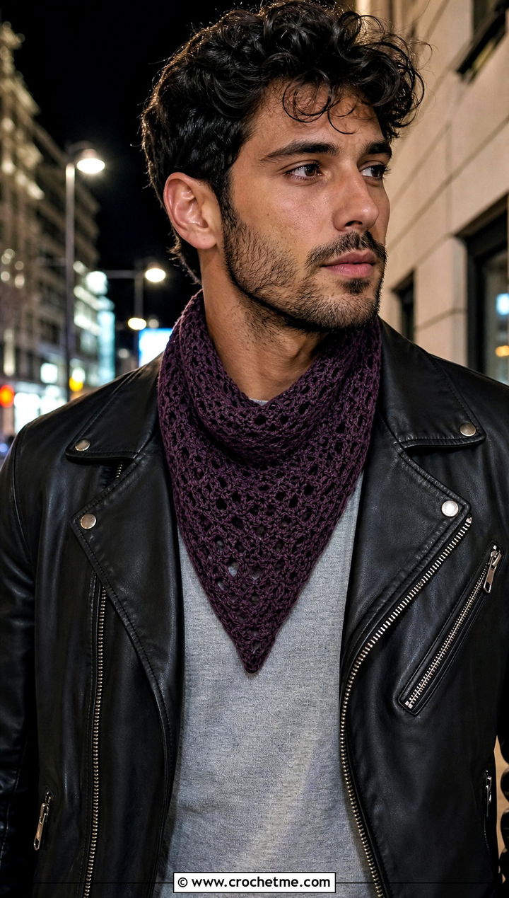 Triangle Crochet Scarf With Leather Jacket - 30 easy crochet scarf men outfit ideas