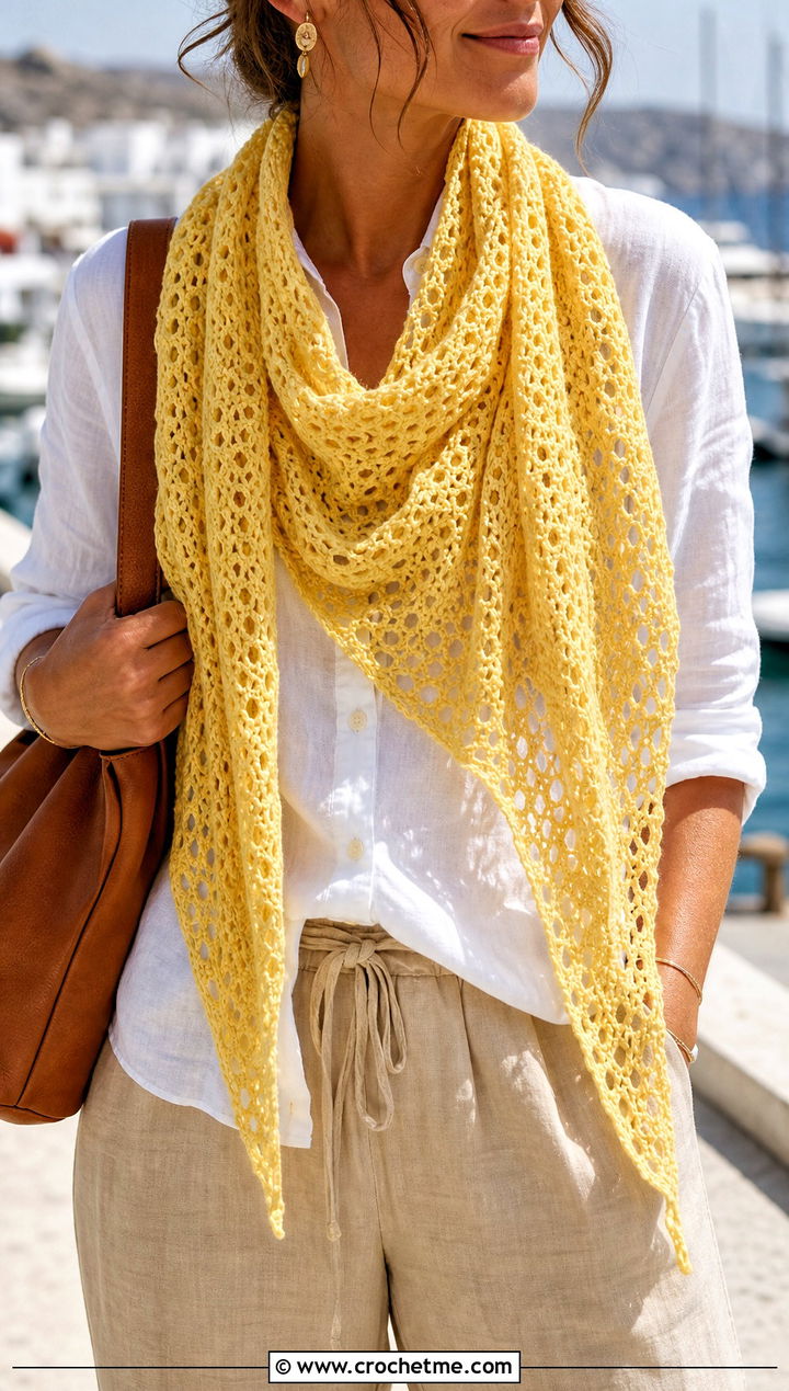Triangle Crochet Scarf With Linen Shirt - 30 wanderlust crochet scarf outfit ideas