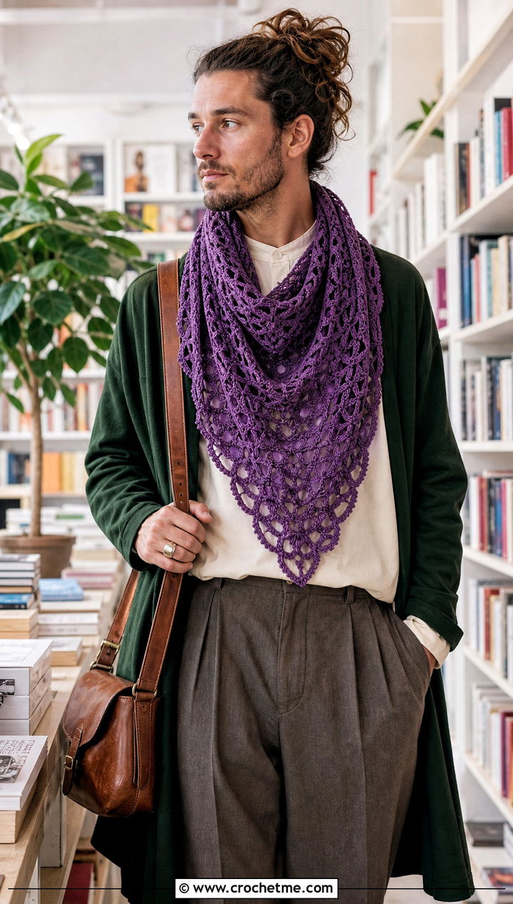 Triangle Crochet Scarf With Long Cardigan - 30 male crochet scarf outfit ideas
