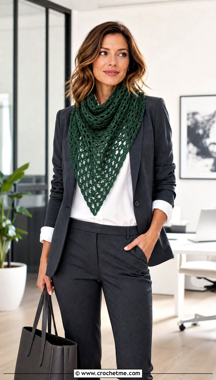 Triangle Crochet Scarf With Office Blazer - 25 crochet for scarfs outfit ideas