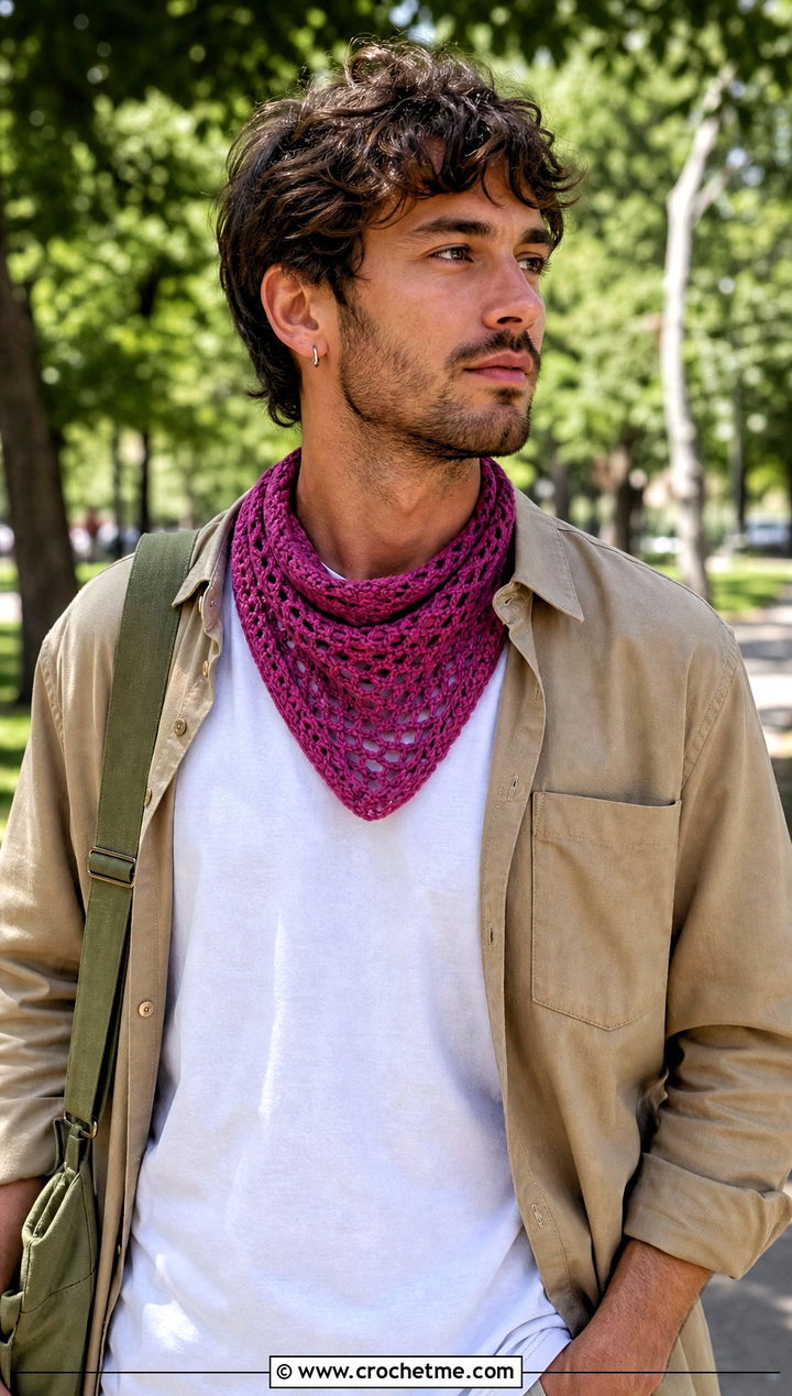 Triangle Crochet Scarf With Overshirt - 20 men's crocheted scarf outfit ideas