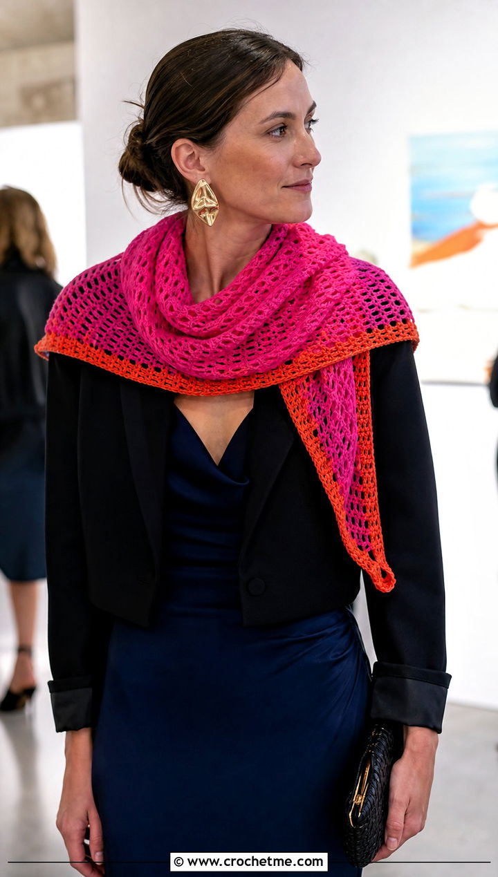 Triangle Crochet Scarf With Satin Slip Dress - 30 2 color crochet scarf outfit ideas