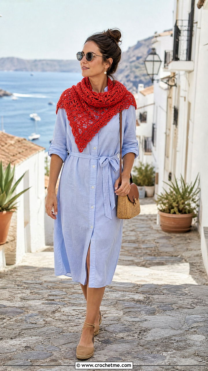 Triangle Crochet Scarf With Shirt Dress - 35 crochet vacation outfit ideas