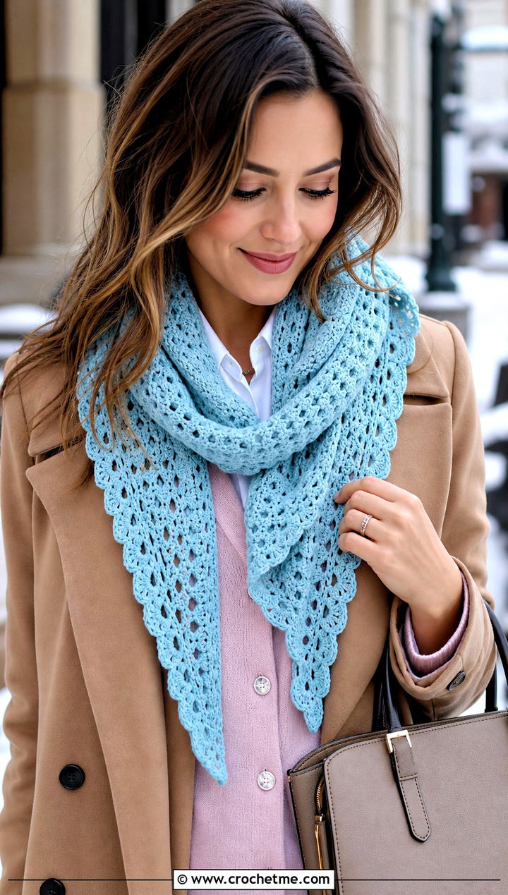 Triangle Crochet Scarf With Trench Coat - 15 Winter Crochet Scarf Design outfit ideas