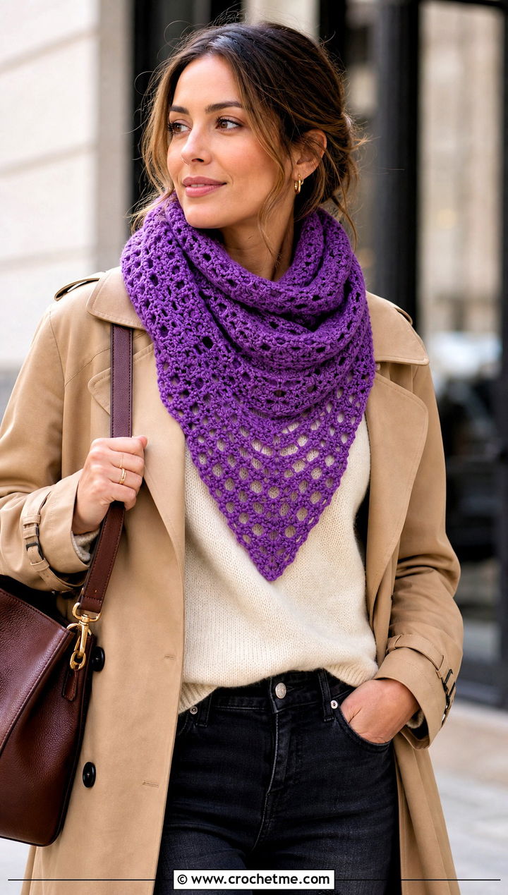 Triangle Crochet Scarf With Trench Coat - 20 Crochet Scarf For Beginners outfit ideas