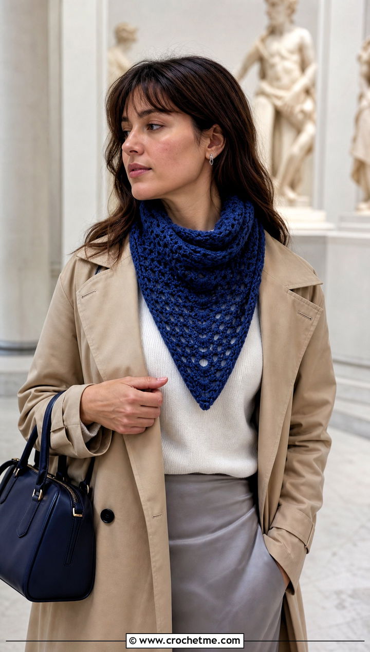 Triangle Crochet Scarf With Trench Coat And Slip Skirt - 20 Elegant Crochet Scarf outfit ideas
