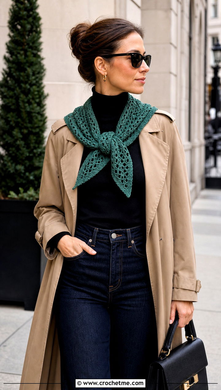 Triangle Crochet Scarf With Trench Coat - 30 autumn crochet scarf outfit ideas
