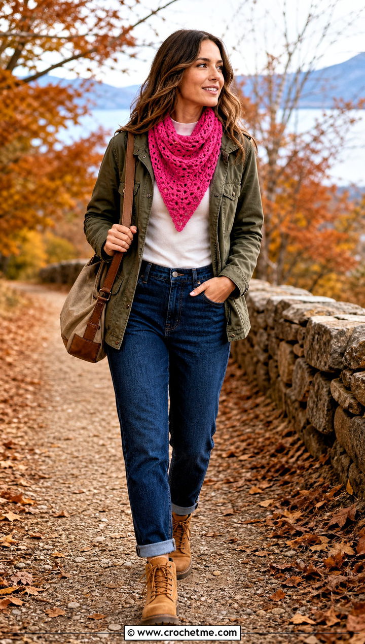 Triangle Crochet Scarf With Utility Jacket - 35 fall crochet scarf outfit ideas