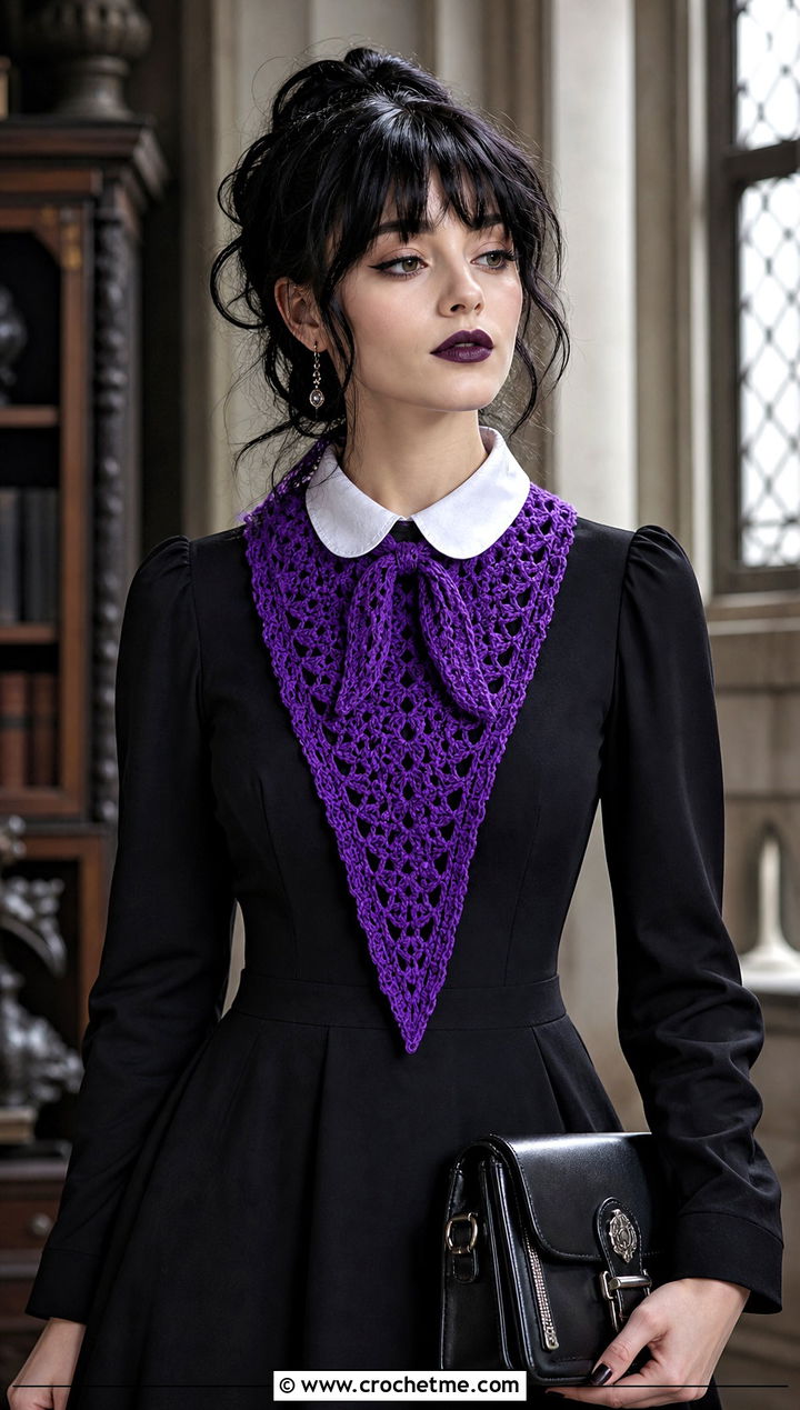 Triangle Crochet Scarf With White Collar Dress - 25 Wednesday Crochet Scarf outfit ideas