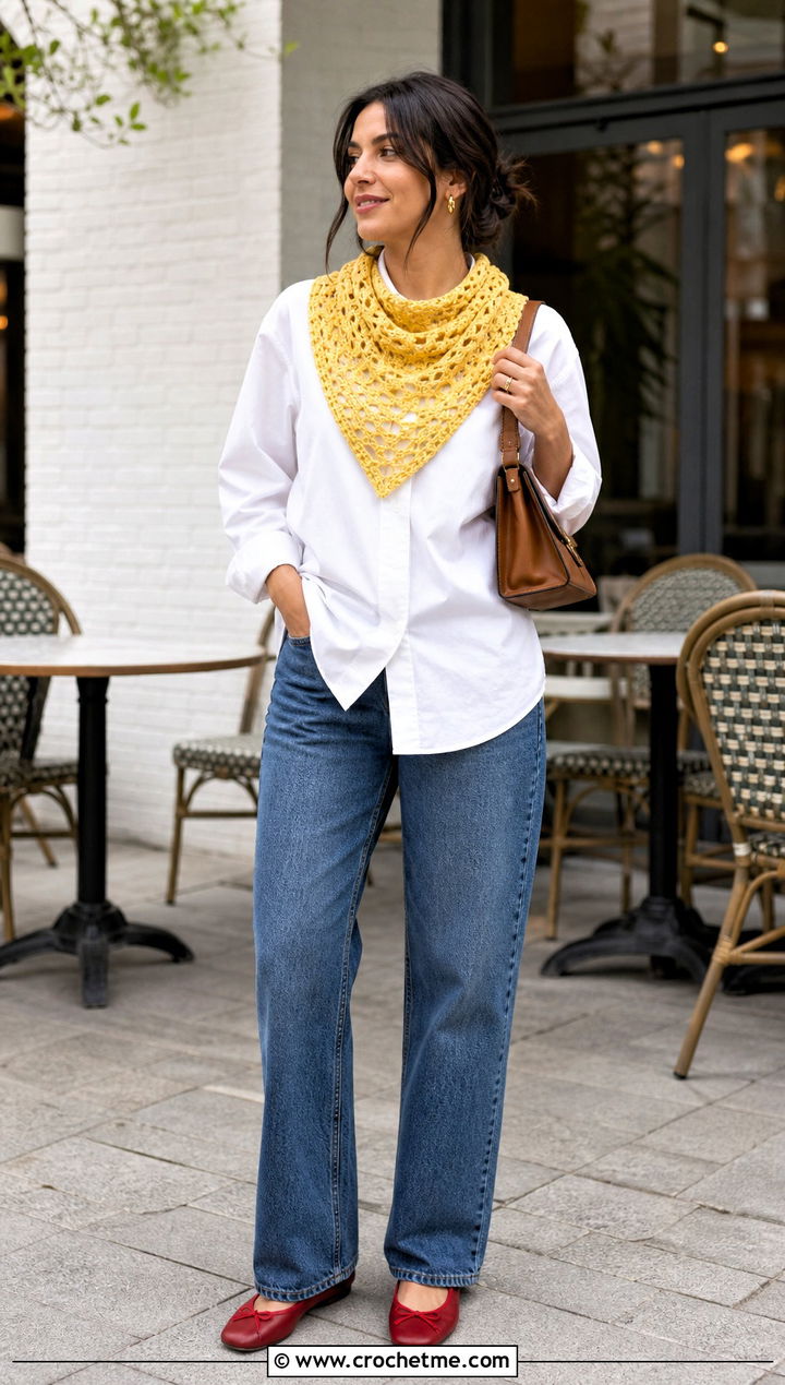 Triangle Crochet Scarf With White Shirt - 35 crocheted scarf outfit ideas
