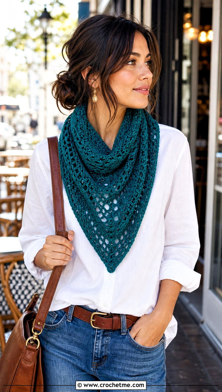 Triangle Crochet Scarf With White Shirt And Jeans - 25 Crochet Fun Scarf outfit ideas