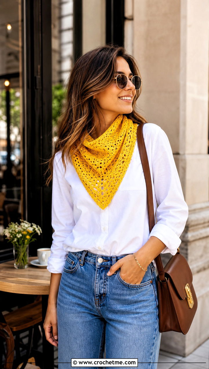 Triangle Crochet Scarf With White Shirt And Jeans - 15 Dainty Crochet Scarf outfit ideas