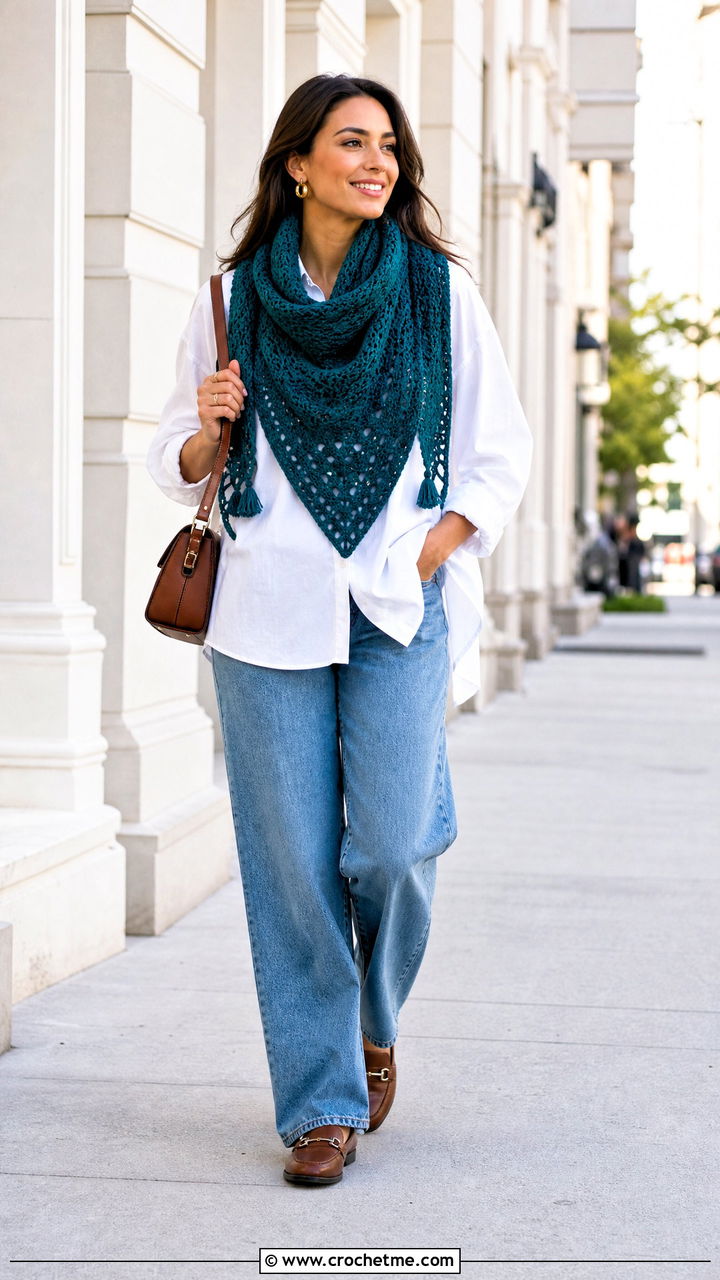 Triangle Crochet Scarf With White Shirt And Jeans - 35 easy crochet scarf outfit ideas