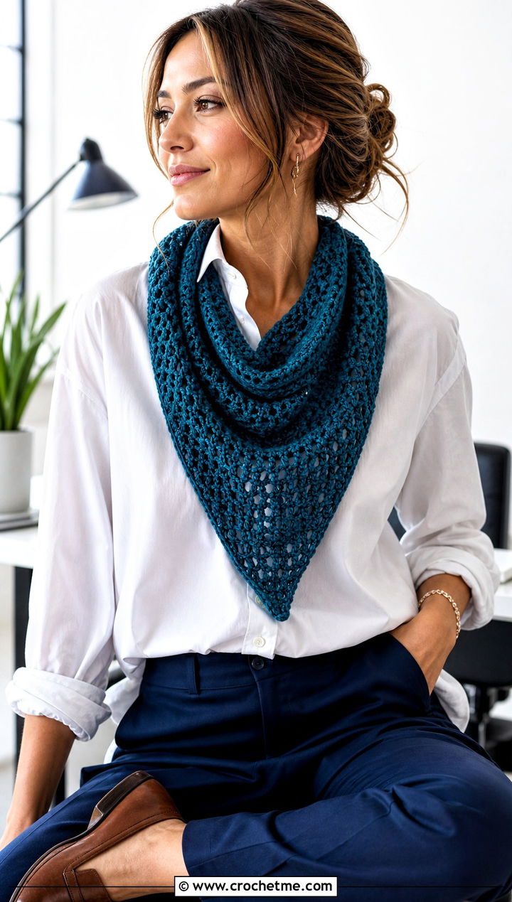 Triangle Crochet Scarf With White Shirt And Trousers - 25 Quick And Easy Crochet Scarf outfit ideas