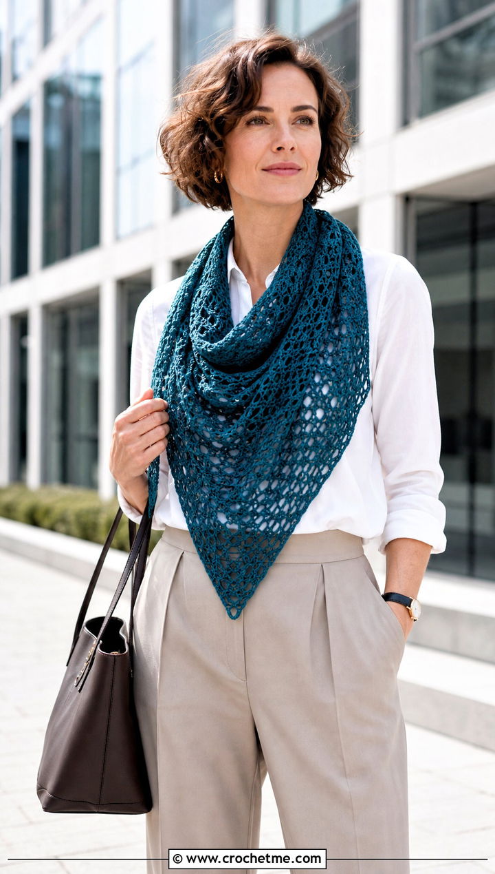 Triangle Crochet Scarf With White Shirt And Trousers - 15 Light Weight Crochet Scarf outfit ideas