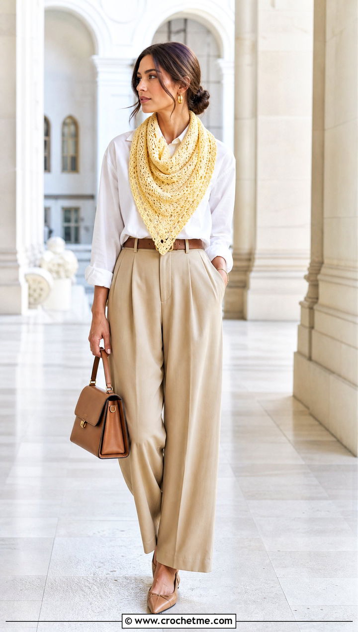 Triangle Crochet Scarf With White Shirt And Trousers - 35 easy crochet scarf for beginners outfit ideas
