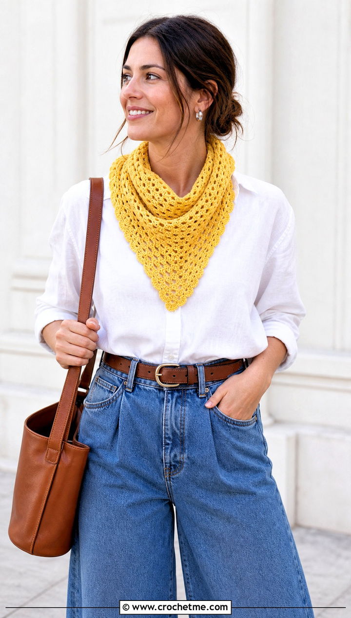 Triangle Crochet Scarf With White Shirt - 30 unique crochet scarf outfit ideas