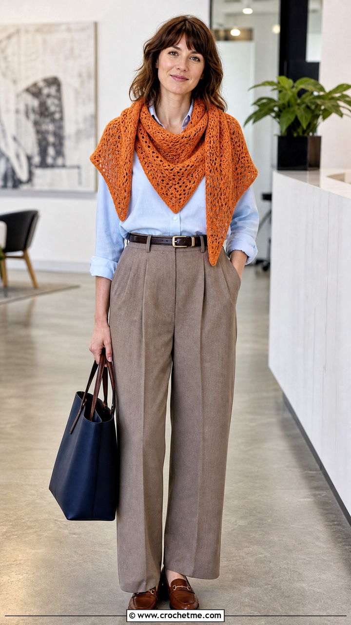 Triangle Crochet Shawl Scarf With Button Down Shirt - 35 beginner crochet scarf outfit ideas