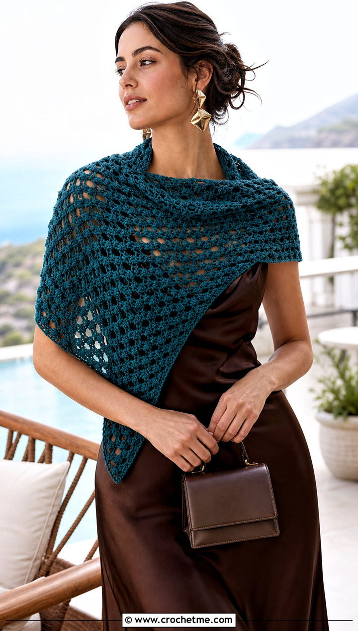 Triangle Crochet Shawl Scarf With Slip Dress - 25 Multifunctional Crochet Scarf outfit ideas
