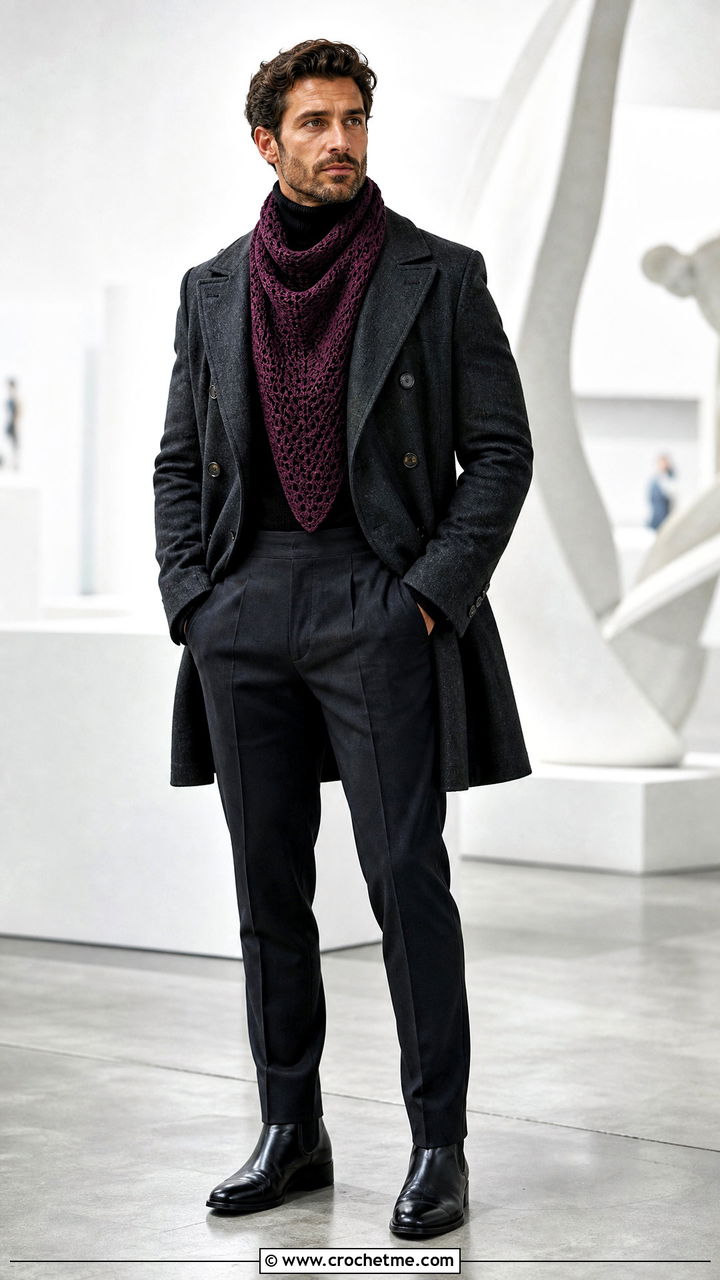 Triangle Crochet Shawl Scarf With Tailored Coat - 35 crochet scarf for men outfit ideas