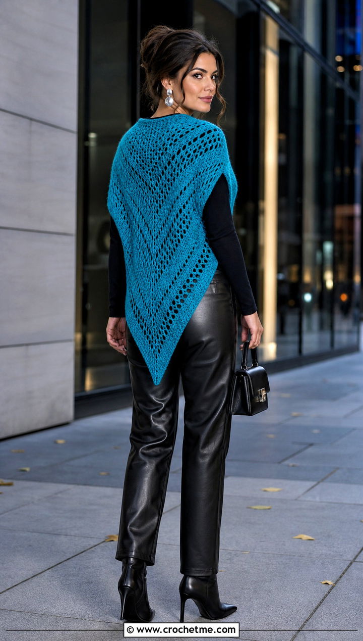 Triangle Crochet Shawl Sweater With Leather Pants - 25 crochet shawl sweater outfit ideas