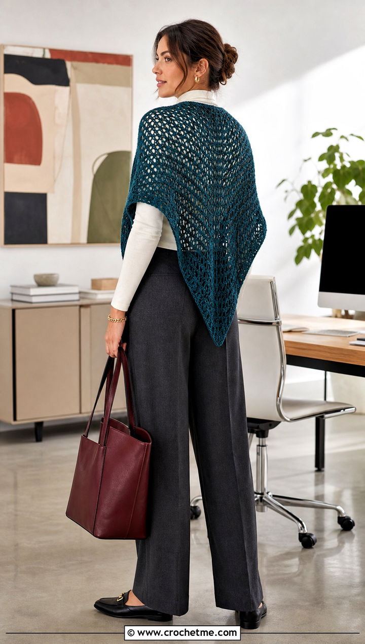 Triangle Crochet Shawl With Arm Holes And Wide Leg Trousers - 30 crochet shawl with arm holes outfit ideas