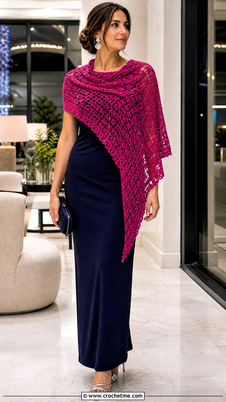 Triangle Crochet Shawl With Column Dress - 35 crochet accessories outfit ideas