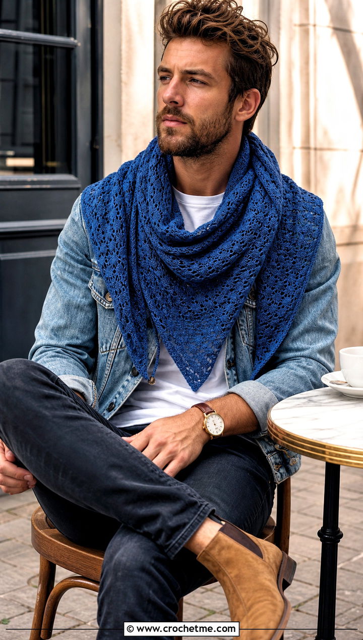 Triangle Crochet Shawl With Denim Jacket - 30 crochet shawl for men outfit ideas